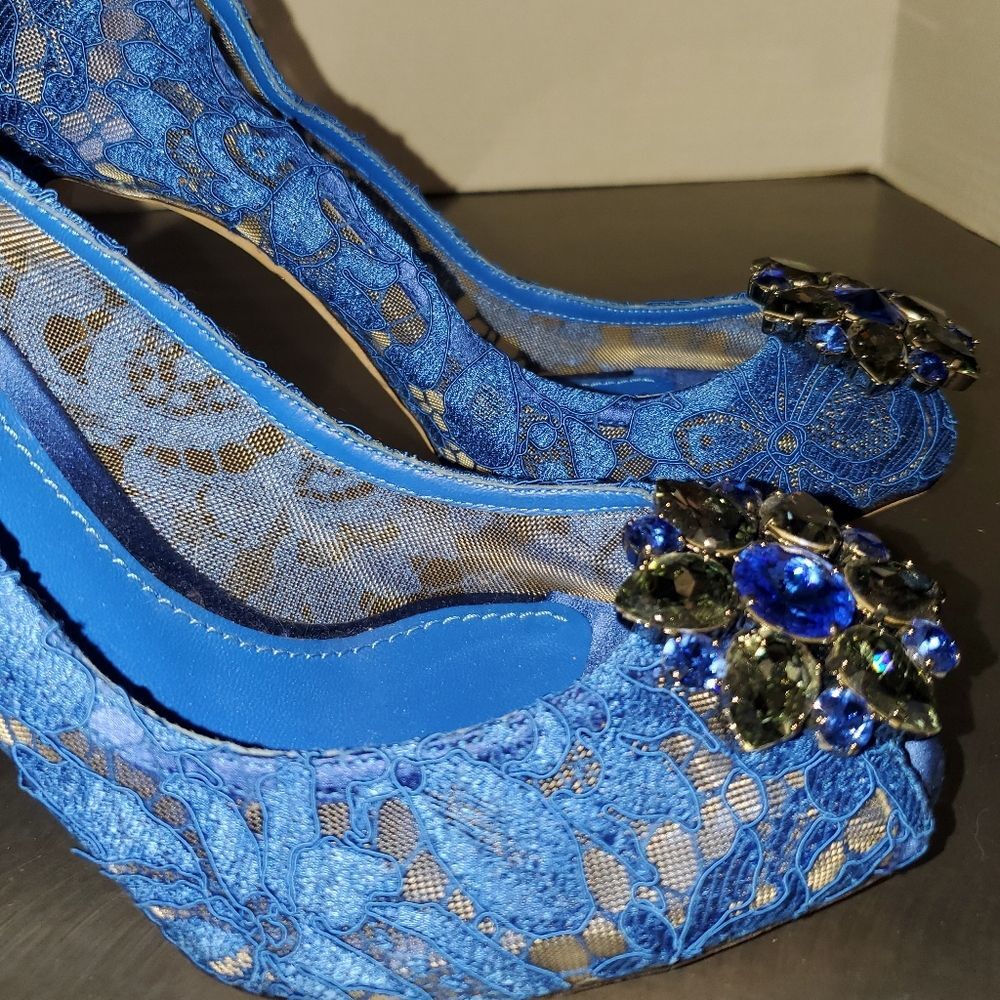 DOLCE & GABBANA Taormina Lace Crystals Blue Peep Toe Pump Heel Twee 39.5 - Picture 8 of 15